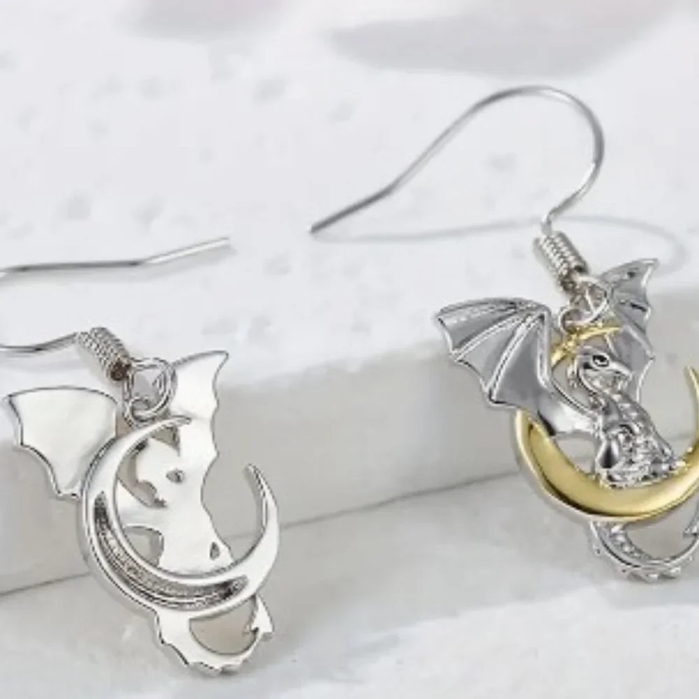 Moon & Dragon Pendant Earrings White Gold Plated Copper - Whimsigoth - Picture 4 of 6